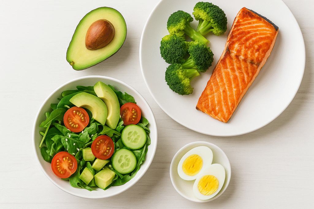 Easy 7-Day Keto Meal Plan for Beginners with salmon, avocado, and fresh salad on table