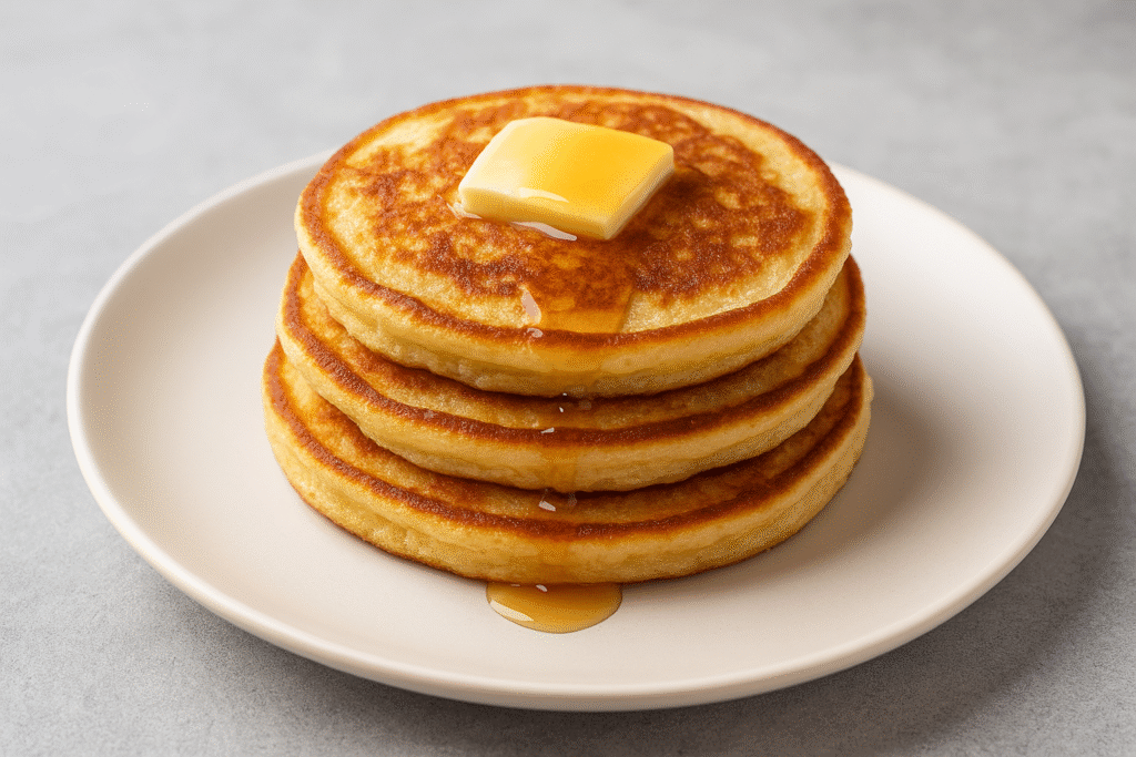 Easy keto breakfast recipes almond flour pancakes stacked with butter and sugar-free syrup on a white plate