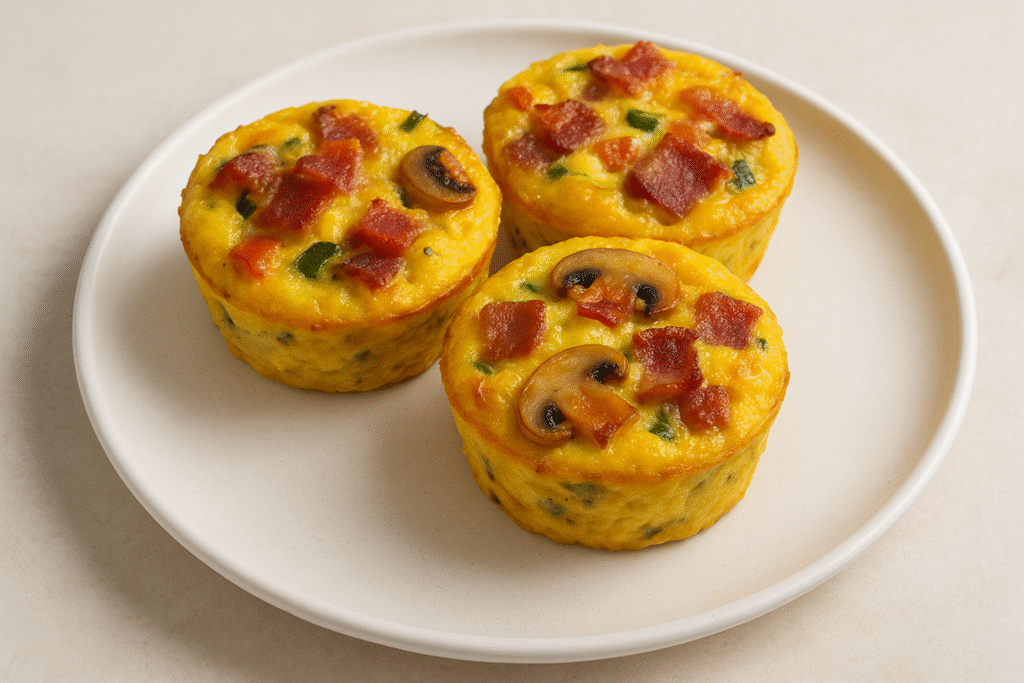 Easy keto breakfast recipes bacon and egg muffins with cheese and veggies served on a white plate