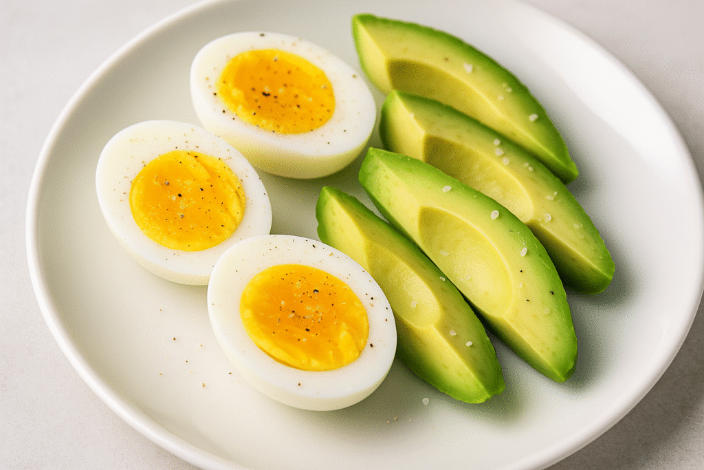 Easy keto breakfast recipes with boiled eggs and fresh avocado slices sprinkled with salt on a white plate