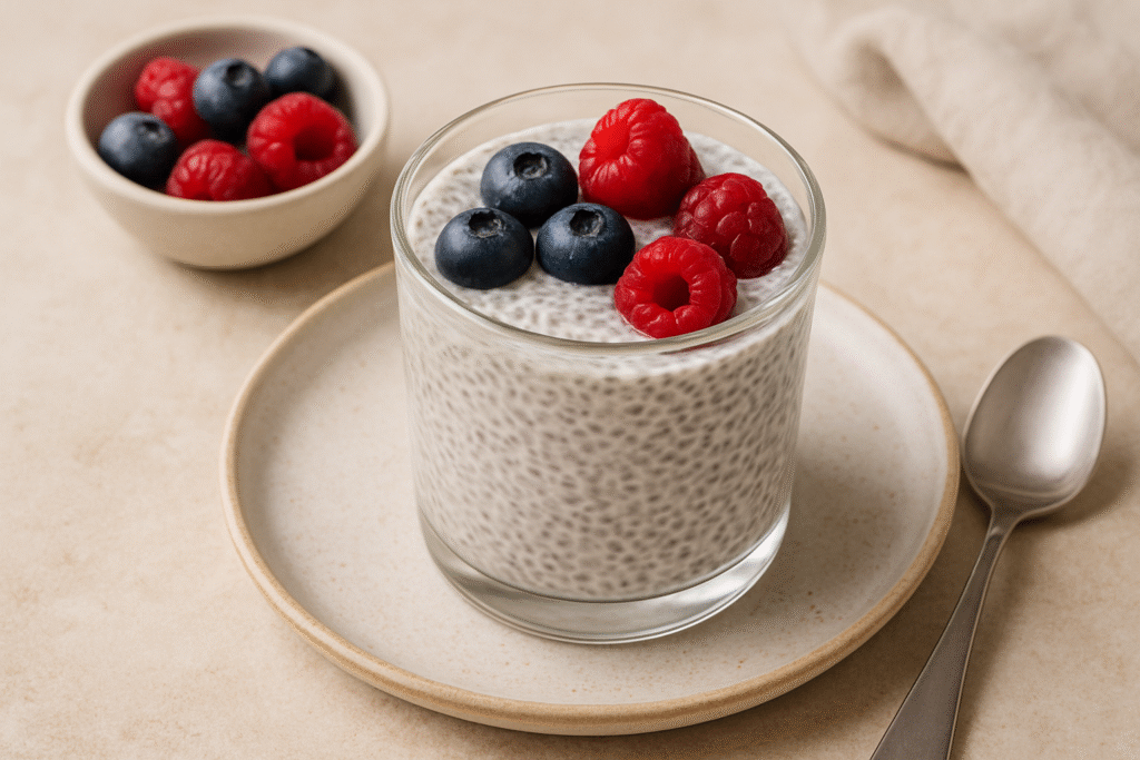 Easy keto breakfast recipes chia seed pudding with almond milk topped with fresh berries and nuts in a glass jar