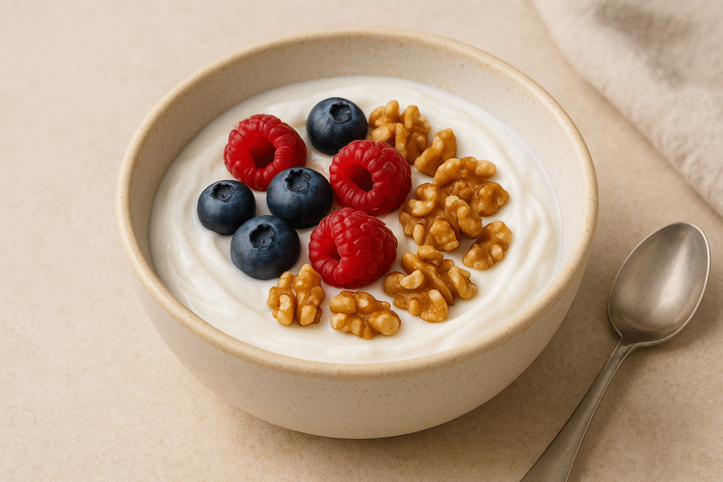 Easy keto breakfast recipes with Greek yogurt topped with fresh blueberries, raspberries, and crunchy walnuts in a white bowl
