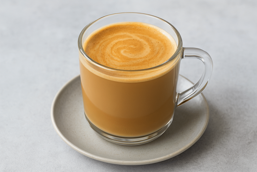 Easy keto breakfast recipes creamy keto coffee made with MCT oil or coconut oil served in a clear glass mug