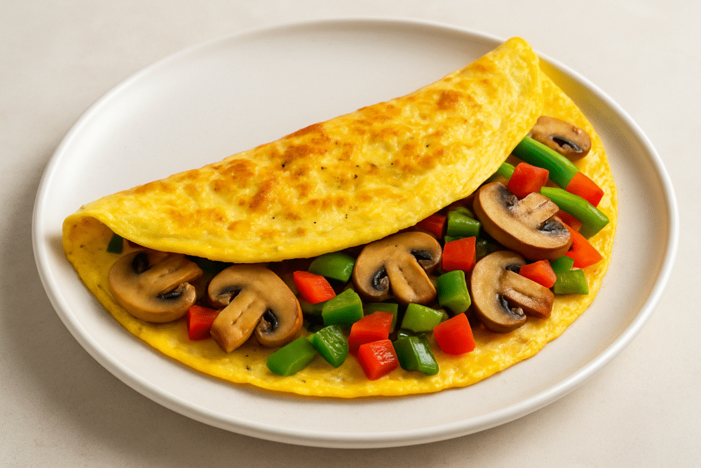 Easy keto breakfast recipes omelet with sautéed mushrooms and colorful bell peppers served on a white plate