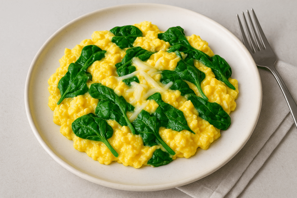 Easy keto breakfast recipes featuring scrambled eggs with spinach and cheese served on a white plate