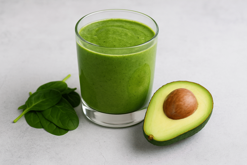 Easy keto breakfast recipes spinach and avocado smoothie made with almond milk and protein powder served in a clear glass