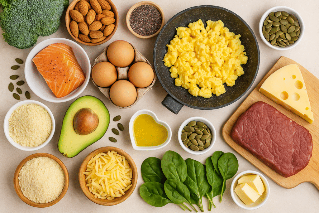 Flat lay of keto-friendly foods including salmon, avocado, eggs, cheese, spinach, nuts, and olive oil for a 7-day keto meal plan
