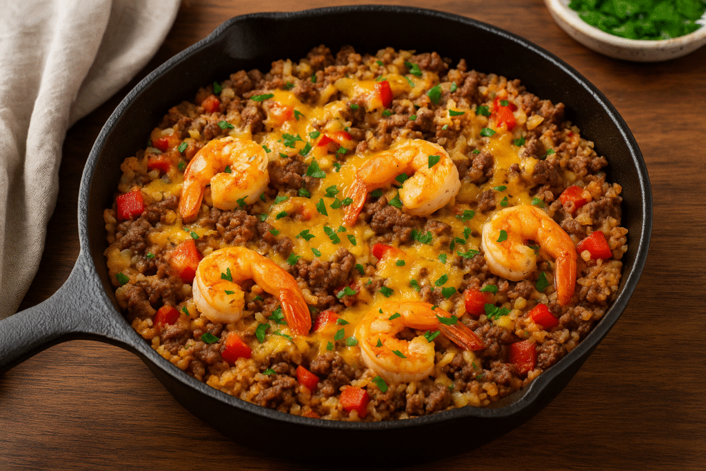 Keto dinner recipes cheesy cauliflower rice cooked with ground beef, red peppers, and melted cheese in a cast iron skillet, hearty low-carb meal.