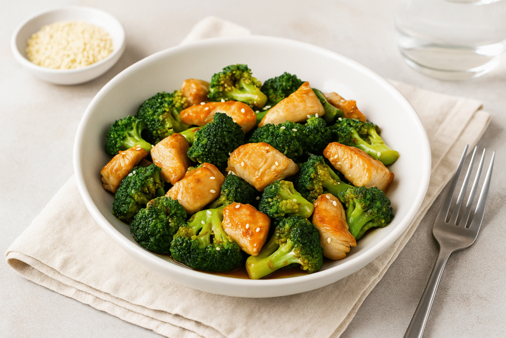 Keto dinner recipes chicken stir-fry with broccoli served in a white bowl, featuring tender chicken breast pieces and fresh green broccoli in savory sauce.