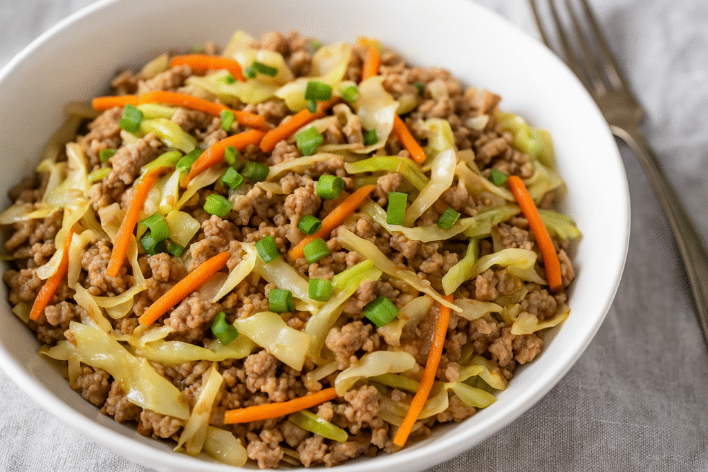 Keto dinner recipes egg roll in a bowl made with ground pork, shredded cabbage, carrots, and green onions, a low-carb Asian-inspired meal.