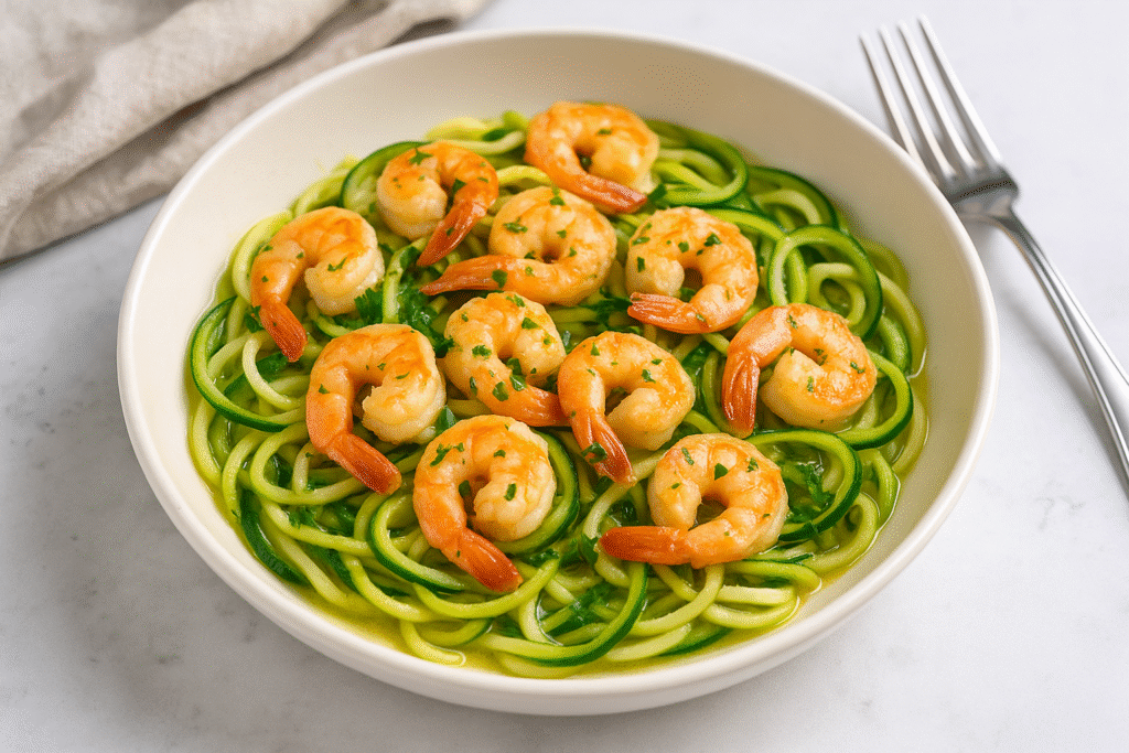Keto dinner recipes garlic butter shrimp served over zucchini noodles in a white bowl, topped with fresh parsley, light and refreshing low-carb meal.