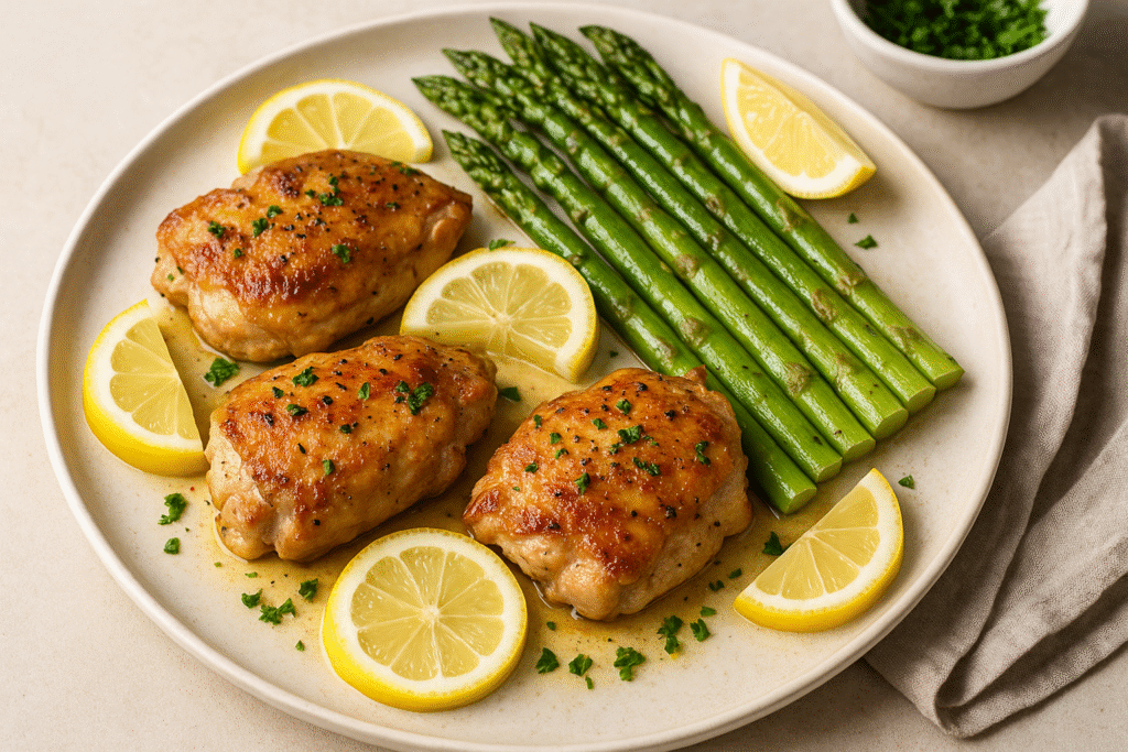 Keto dinner recipes lemon garlic chicken thighs pan-seared to golden brown served with roasted asparagus and lemon slices on a white plate.