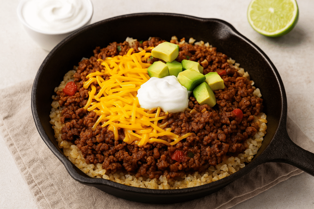 Keto dinner recipes taco skillet with seasoned ground beef, cauliflower rice, shredded cheese, avocado cubes, and sour cream served in a cast iron pan.