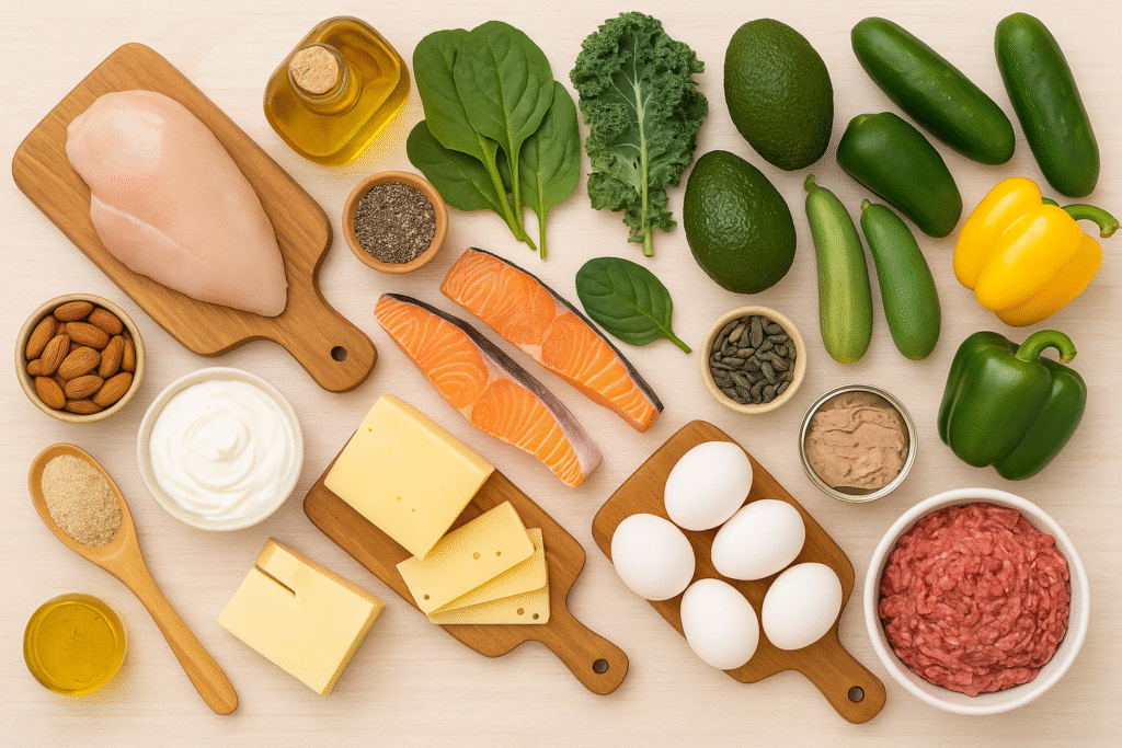 Flat lay of keto grocery items including salmon, chicken breast, eggs, avocado, spinach, cheese, and olive oil on a wooden table – keto grocery list for busy women