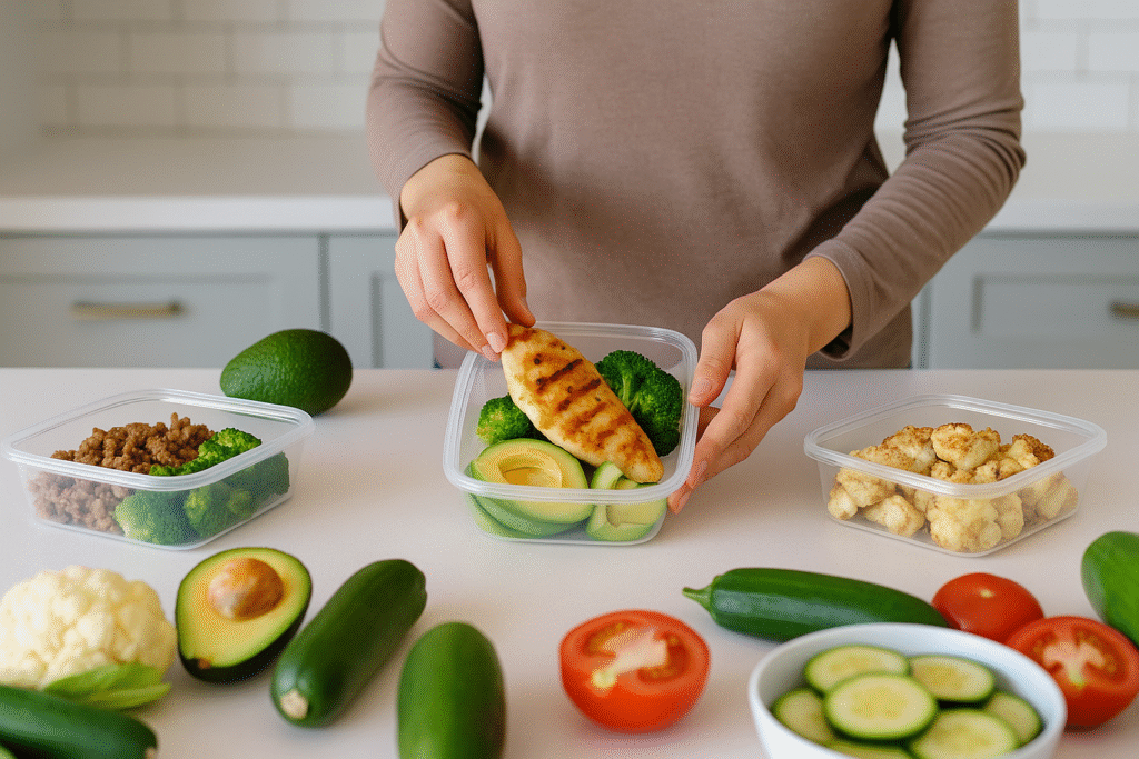Busy mom preparing keto-friendly meal prep containers with chicken, broccoli, avocado, and cauliflower in a bright kitchen