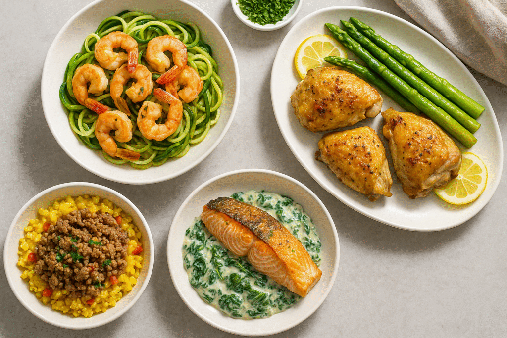 Realistic top-down photo of quick keto dinner recipes including shrimp with zucchini noodles, cheesy cauliflower rice with beef, salmon with creamy spinach sauce, and lemon garlic chicken with asparagus on a kitchen table.