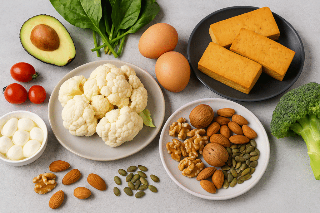 Fresh vegetarian keto ingredients including cauliflower, avocado, tofu, nuts, seeds, eggs, spinach, and broccoli arranged on a neutral background